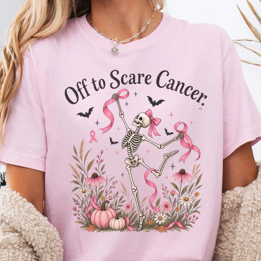 Halloween Shirt, Off To Scare Cancer Tee, Ribbon Skeleton Shirt